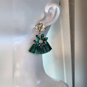 Green Straw Fan Emerald Jeweled Statement Dangle Earrings / Pierced